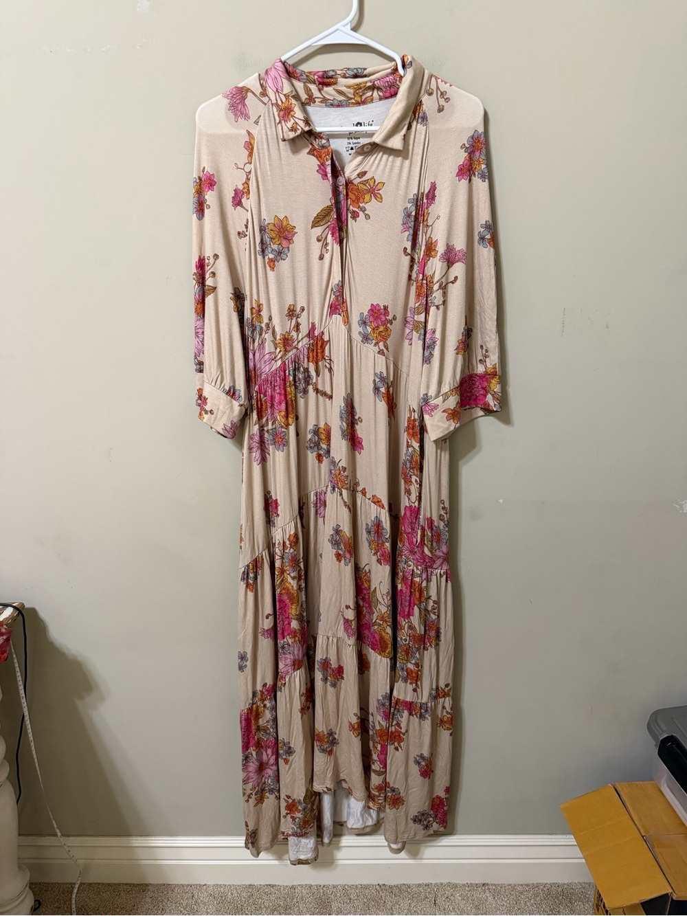 NATURAL LIFE Beige Floral Maxi Dress with Pink & Orange Blooms knit modal feel
